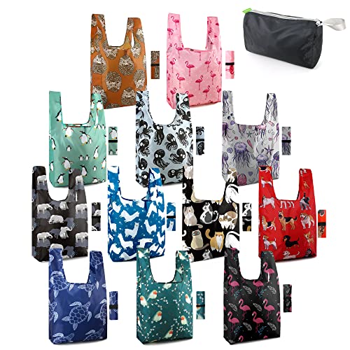 BeeGreen Reusable Grocery Bags Foldable 12 Pack Large Cute Totes - Heavy Duty Washable Holiday Cloth Gifts Bag with Handles, Reusable Gift Bulk Shopping Bags for Groceries for Women Animal Lover - color: Animal-red Teal Black Navy Gray Pink Blue