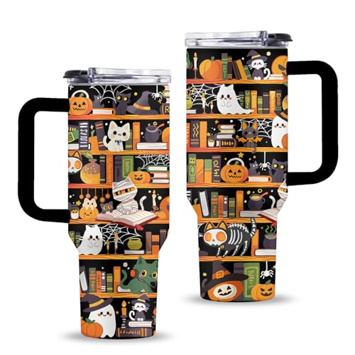 Book Lovers 40oz Tumbler, with Handle Straw, Stainless Steel Cup - color: Halloween