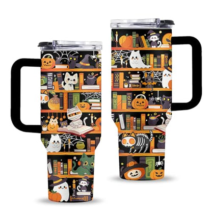 Book Lovers 40oz Tumbler, with Handle Straw, Stainless Steel Cup - color: Halloween