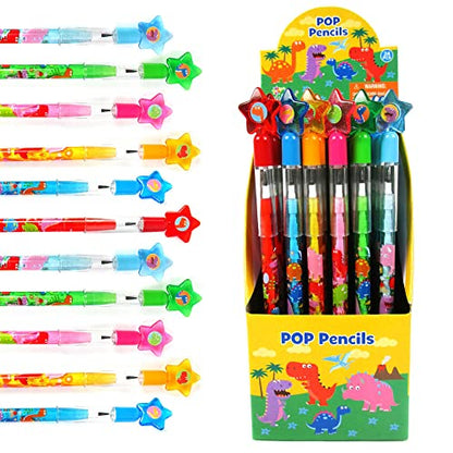 TINYMILLS 24 Pcs Dinosaur Stackable Push Pencil Assortment with Eraser for Party Favors Goodie Bag Stuffers VBS Classroom Rewards Pinata Fillers Carnival Prize