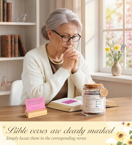 Bible Verse Jar, Prayer Jar Scripture Cards with Wooden Stand for Daily Encouragement, Baptism Christian Religious Birthday for Women,Men,Mother Day Gift Mom,Grandma