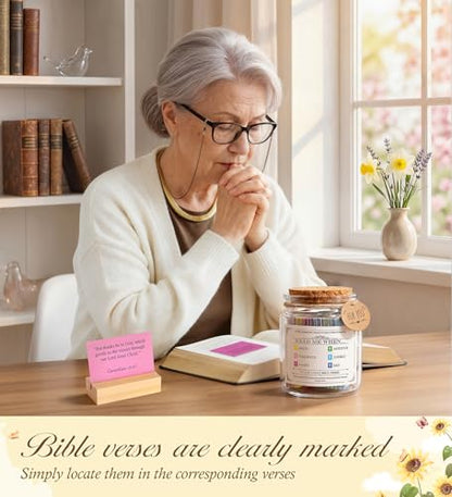 Bible Verse Jar, Prayer Jar Scripture Cards with Wooden Stand for Daily Encouragement, Baptism Christian Religious Birthday for Women,Men,Mother Day Gift Mom,Grandma