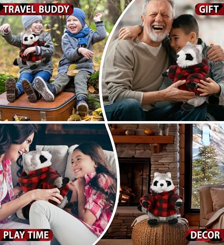 DolliBu Super Soft Raccoon Stuffed Animal with Plaid Red Hoodie Sweater and Personalization - Raccoon Plush Lumberjack Stuffed Toy with Plaid Jacket Dress Up for Christmas, Holiday, Winter - 9 Inches