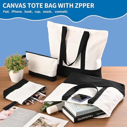 2-Pack Canvas Tote Bags and Makeup Bags, Cotton Zipper Bag, Black - color: Black/White