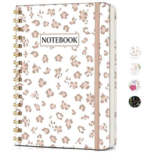 PAPEJOON Lined Spiral Journal Notebook for Women, A5 Cute Hardcover Spiral Journals for Work, Note Taking, 150 Numbered Pages 100 GSM College Ruled Spiral Bound Notebook, 5.75" x 8.38", Pink Speckles - color: White Leopard