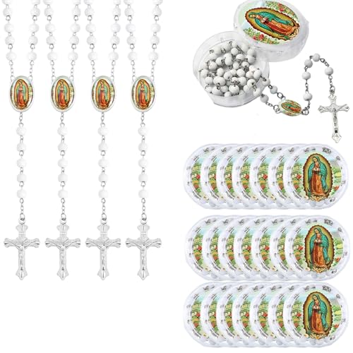 48 Pcs Scented Rosary Necklace Set with Gift Box – Wooden Bead Rosary with Crucifix for Women & Men, First Communion, Baptism, Party Favors - color: White