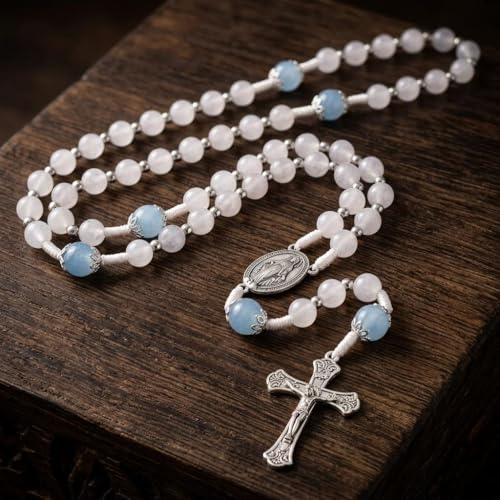 Nazareth Store 8mm White Jade & 10mm Natural Stone Beads Rosary Necklace St. Miraculous Medal & Cross Crucifix Catholic Prayer Beads Religious Jewelry - color: Aquamarine
