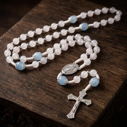 Nazareth Store 8mm White Jade & 10mm Natural Stone Beads Rosary Necklace St. Miraculous Medal & Cross Crucifix Catholic Prayer Beads Religious Jewelry - color: Aquamarine