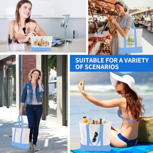 2-Pack Canvas Tote Bags and Makeup Bags, Cotton Zipper Bag, Sky Blue - color: Sky Blue/White
