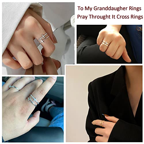 Harlermoon To My Daughter Pray Through It Cross Ring Double Cross Adjustable Baptism Gold CZ Diamond Creative Wedding Commitment Ring for Woman - color: silver-to my granddaughter