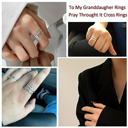 Harlermoon To My Daughter Pray Through It Cross Ring Double Cross Adjustable Baptism Gold CZ Diamond Creative Wedding Commitment Ring for Woman - color: silver-to my granddaughter