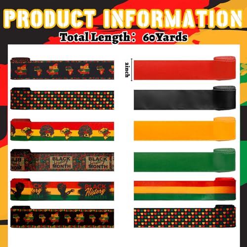 12 Rolls Black History Month Ribbons 2 Inch x 60 Yards Wired Edge Fabric Ribbons Craft Black History Month Themed Pattern Wrapping Crafts for DIY Gift Hair Bows Sewing Wreath 12 Styles - style: Black History