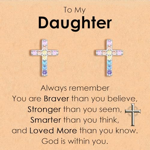 CERSLIMO Cross Earrings for Girls Kids, Christian Confirmation Communion Baptism Catholic Religious Christmas Birthday Inspirational Gifts for Women Teens Teenager Granddaughter Goddaughter - style: Daughter Gifts