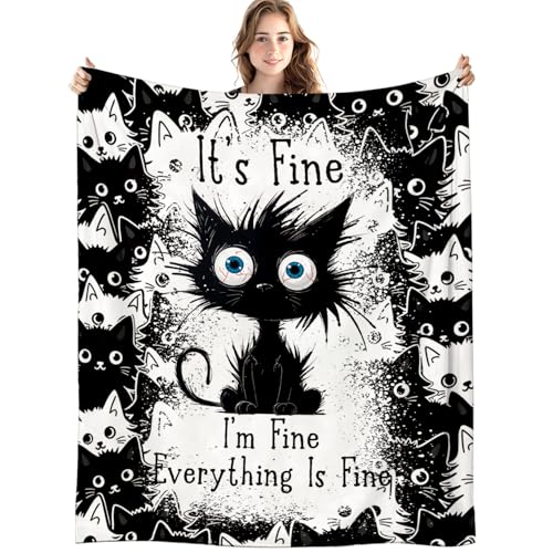 Funny Black Cat Blanket, It's Fine Everything is Fine Funny Throw Blankets for Home Bedroom Living Room Couch Bed Decor, Black Cat Mom Lovers Gifts for Women, 50x60 Inch - color: 04- Funny Black Cat(blanket-01)
