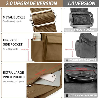 KALIDI Canvas Tote Bag Zipper Large Crossbody Shoulder Bag Messenger Bag - color: Upgraded Brown