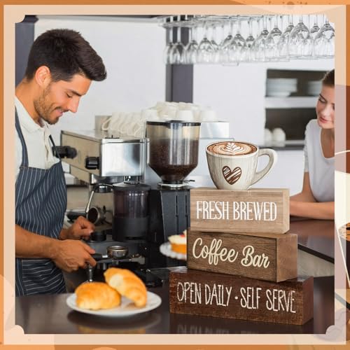 Moucuny 4 Pcs Farmhouse Coffee Bar Signs Decor Wooden Cafe Cup Signs - style: Coffee Bar Coffee Bar