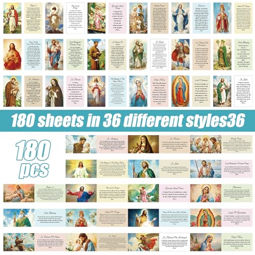 180 Pcs Catholic Mass Prayer Cards Assorted Holy Cards with Catholic Saints and Prayers Gifts for Women Men St Benedict, St Jude, Saint Christopher, Holy Family, Undoer of Knots, Divine Mercy