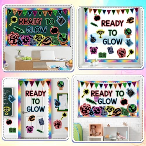Welcome Back to School Bulletin Board Decorations Ready to Glow Inspirational Classroom Bulletin Board Neon Style Paper Cutouts for First Day of School Office Home Teacher Classroom Wall Supplies - style: Classroom Neon Style