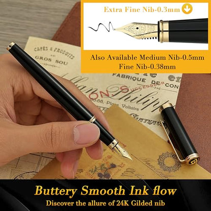 BEILUNER Black Fountain Pen,Stunning Luxury Pens with 24K Gold Accents, Gorgeous 24K Gilded Nib(Extra Fine), Fancy Pen Gift for Men&Women -Ink Converter-Elegant, Reliable,Christmas Presents, Nice Pen - color: Black&Gold, style: Extra Fine Nib