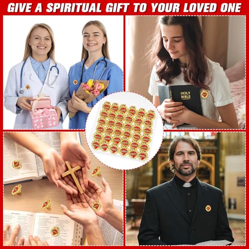 Juexica 50 Pcs Religious Sacred Heart of Jesus Pins Bulk Christian Favors Cross Enamel Lapel Brooch Red Heart Pins for Clergy Appreciation Gift Church Funeral Sunday School - style: Sacred