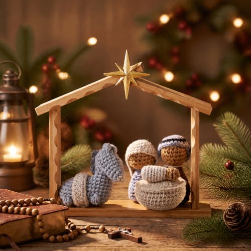 Wesiti Crochet Christmas Nativity Set with Stable House Nativity Scene