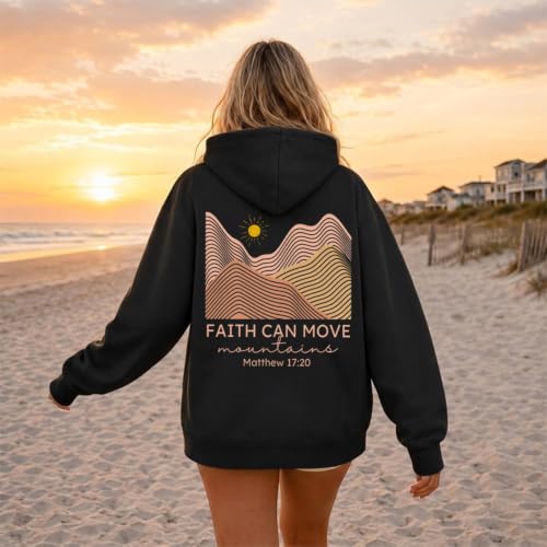Christian Bible Verse Hoodie For Women Faith Can Move Mountains Sweatshirt Religious Sun And Mountain Graphic Hoodie - color: Black, size: Large