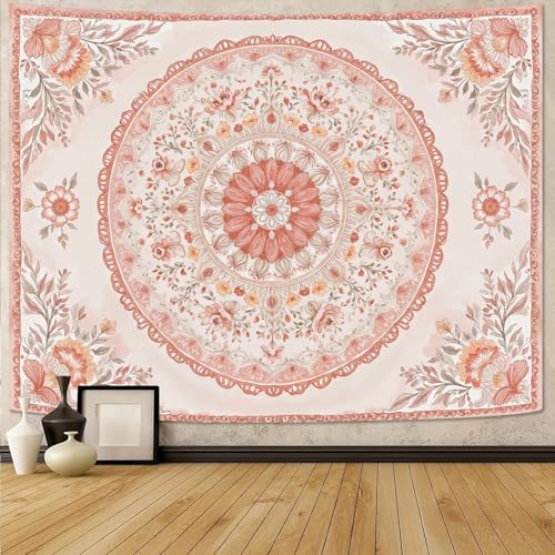 Motanber Pink Mandala Tapestry Wall Hanging Boho Floral Tapestry Aesthetic Watercolor Flower Medallion Cute Small Tapestries for Bedroom Living Room Dorm Decor 48 x 36 Inch - color: Peach Pink, size: 48"L x 36"W