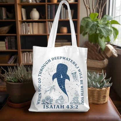 VICBOU Bible Verse Canvas Tote Bag Religious Christian Gifts for Women Men Faith Canvas Tote Reusable Grocery Bag - color: Whale01