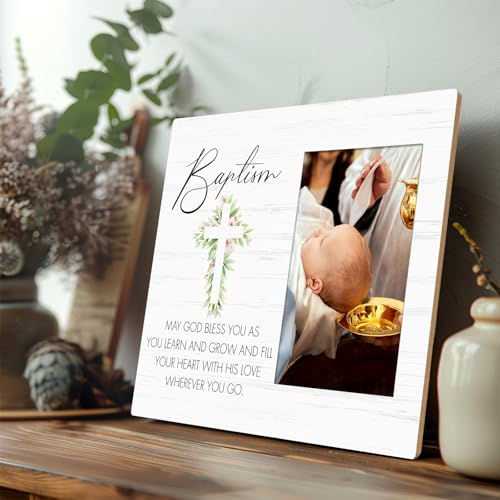 May God Bless You As You Learn And Grow- Baby Baptism Wooden Picture Frame, Gift from Godparents for Baby Shower, Christening Gifts from Godfather Godmother, for Tabletop or Wall Mounting (4x6 Inch Photo) - color: Baptism-3