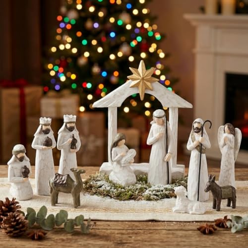AOMOONOA White Nativity Set, Resin Small Christmas Nativity Figurine - color: Classic White
