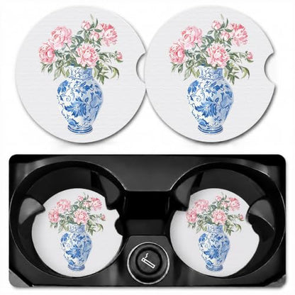 Car Coasters for Cup Holders, Pink Chinoiserie Car Coasters Set of 2, B16 - color: Pink Hydrangea