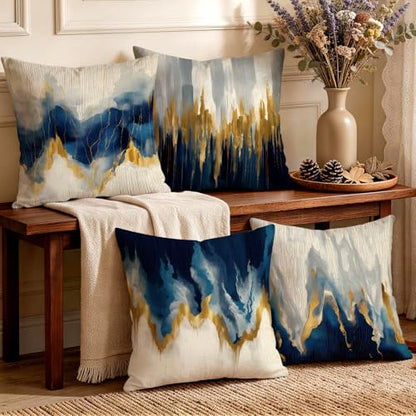 OBSEDE Blue Gold Abstract Art Modern Throw Pillow Covers 18 x 18 Set of 4 - color: Blue and Gold Abstract Art, size: 18" x 18" (Pack of 4)