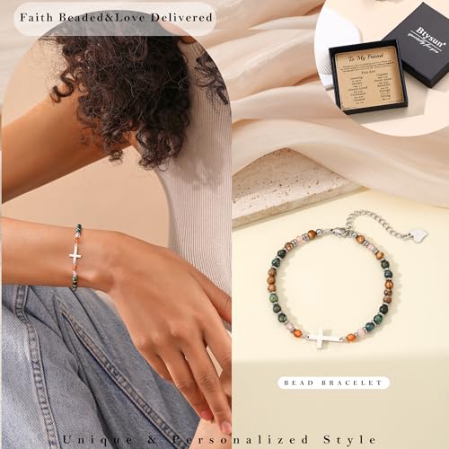 Cross Bracelet for Women, Christian Gifts for Women 2026 Stocking Stuffers for Teens Her Bead Bracelet Adjustable Gemstone Faith Religious Confirmation Communion Bracelet for Best Friend Mom Faith Birthday Anniversary Jewelry - color: Green Turquoise-You