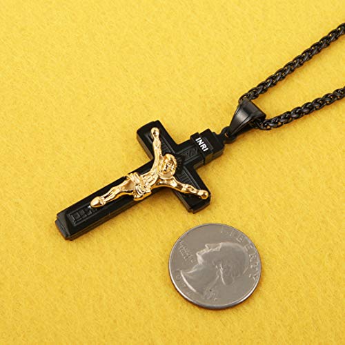 HZMAN Catholic Jesus Christ INRI Cross Crucifix Pendant Necklace for Men - color: Black