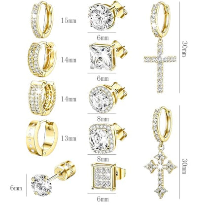 NEWITIN 12 Pairs Silver Earrings for Men Women Halo Stud Earring Set - color: Gold A