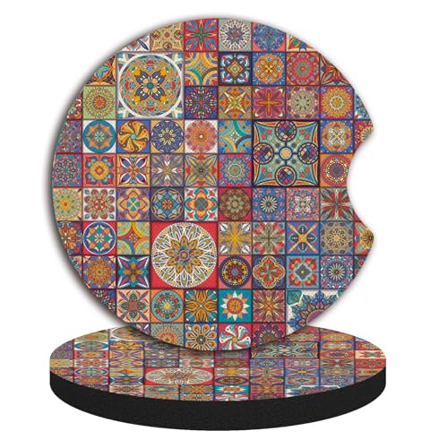 Boho Absorbent Neoprene Car Coasters, 2.75inch Mandala Style, 2 Pack Universal with Finger Slot - color: Multicolor