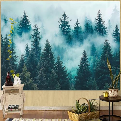 Haibimen Monet Nature Forest Tapestry Wall Hanging Green Tree Mushroom Landscape Tapestries for Bedroom Watercolor Aesthetic Wallpaper Decor for Living Room (forest-4, 80''×60'') - color: dark green, size: 80"L x 60"W
