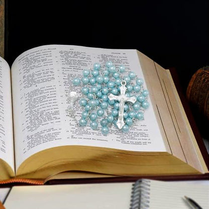 KOMI 6 MM Pearl Rosary Beads With Crucifix, Catholic Necklace for Women With Velvet Bag or Rosary Box - style: Rosary-6