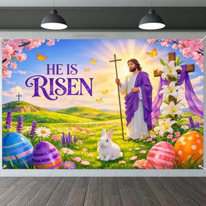 IVN He Is Risen Easter Banner 71x43 Inch Christian Jesus Cross Lilies Eggs - color: He Is Risen Jesus Cross Religious Easter