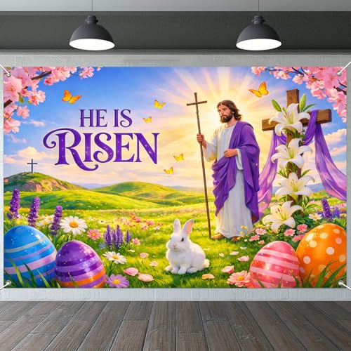 IVN He Is Risen Easter Banner 71x43 Inch Christian Jesus Cross Lilies Eggs - color: He Is Risen Jesus Cross Religious Easter