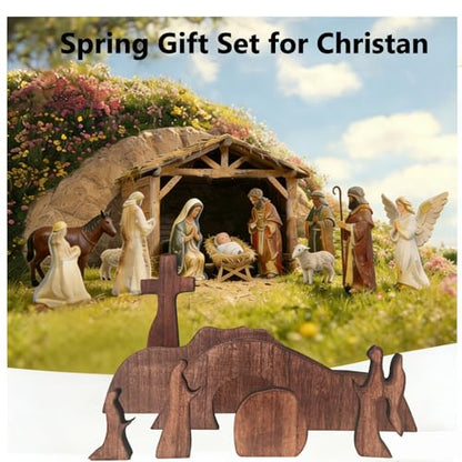 Christian Table Decor Empty Tomb Easter Scene and Cross Decoration for Home Decor, 7PCS Christian Nativity Sets & Figures Tabletop for Living Room, Console Table, Bookshelf, Tv Stand, Entryway