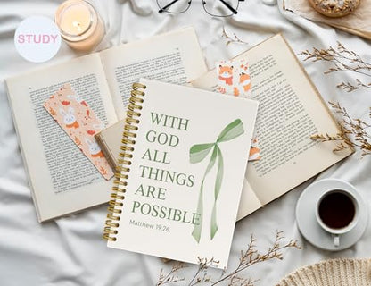 Green Bible Journal for Women, A5 Spiral Christian Notebook & Study Supplies, Cute Hardcover Coquette Bow Diary with Scripture Matthew 19:26 for Church Notes, Prayer & Teen Girls.5.5 x 8.3 Inch - color: (Green) Matthew 19:26