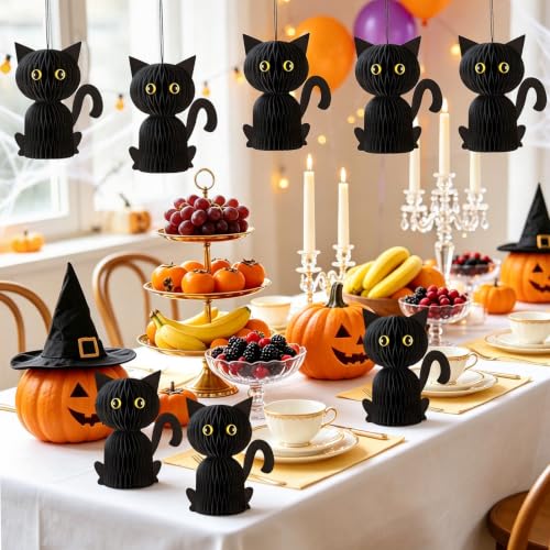 6 Pcs Black Cat Halloween Decoration,Paper Honeycomb Centerpieces - style: Black Cat Style