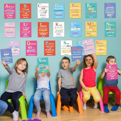 29Pcs ABC Bible Verse Poster Christian Scripture Bulletin Board Sunday School Classroom Decorations Religious Inspirational Quotes Poster for Back to School Church VBS Classroom Home Wall Decor