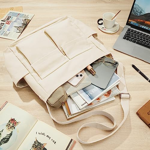 KALIDI Canvas Tote Bag Zipper Large Crossbody Shoulder Bag Messenger Bag - color: Upgraded Beige