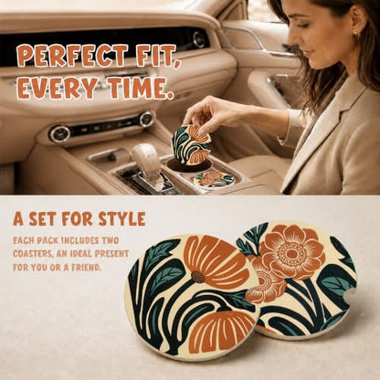 Boho Floral Car Coasters, Retro Country Orange Flowers Cup Holders, 17 - color: Boho Floral