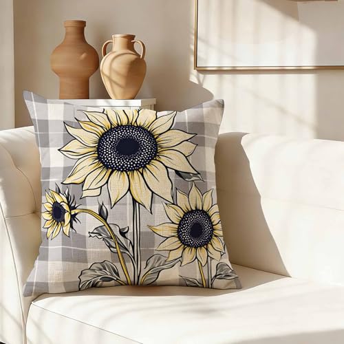 Rustic Farmhouse Floral Throw Pillow Cover,Sunflowers on Gray and White Plaid Decorative Pillow Case,Country Style Sunflower Cotton Linen Cushion Case for Home Decor 18 * 18 Inch - color: Settype07