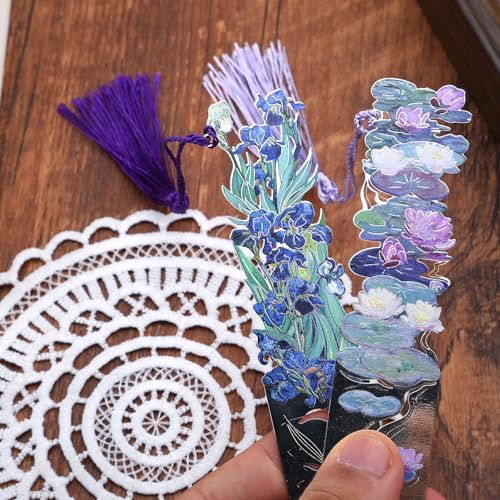2 Metal Bookmarks with Tassel, Oil Painting Water Lilies and Irises - style: 《Water Lilies》 and 《Irises》