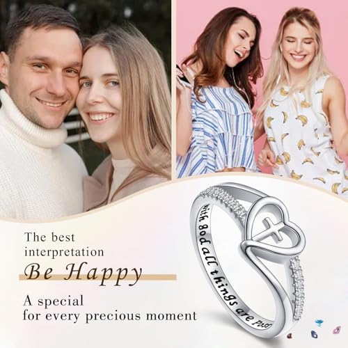 S925 Sterling Silver Christian Cross Heart Faith Bible Verse Ring for Women