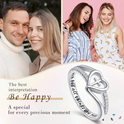 S925 Sterling Silver Christian Cross Heart Faith Bible Verse Ring for Women